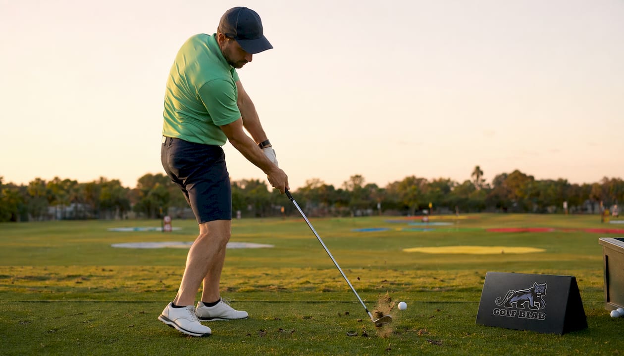 Golfer striking ball at impact on course