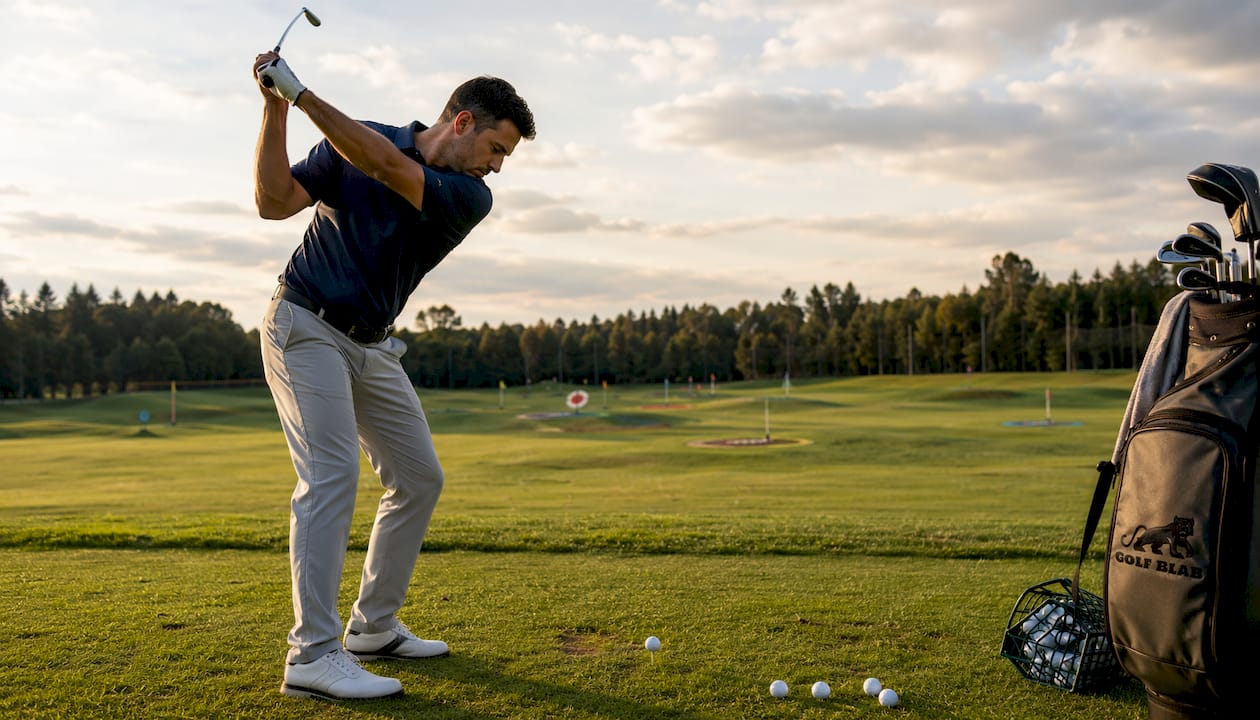 Golfer swinging driver outdoors at driving range