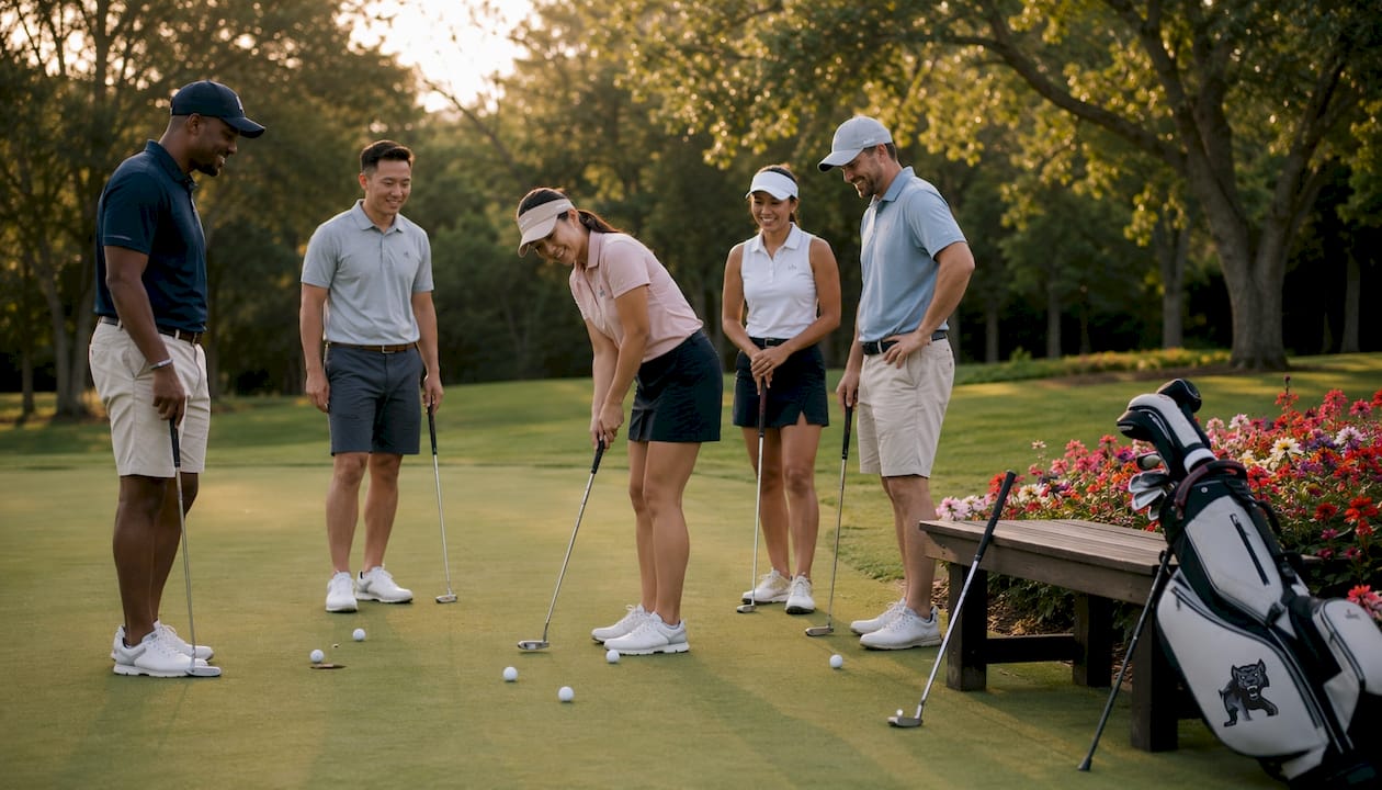 Group of golfers practicing putting together outdoors