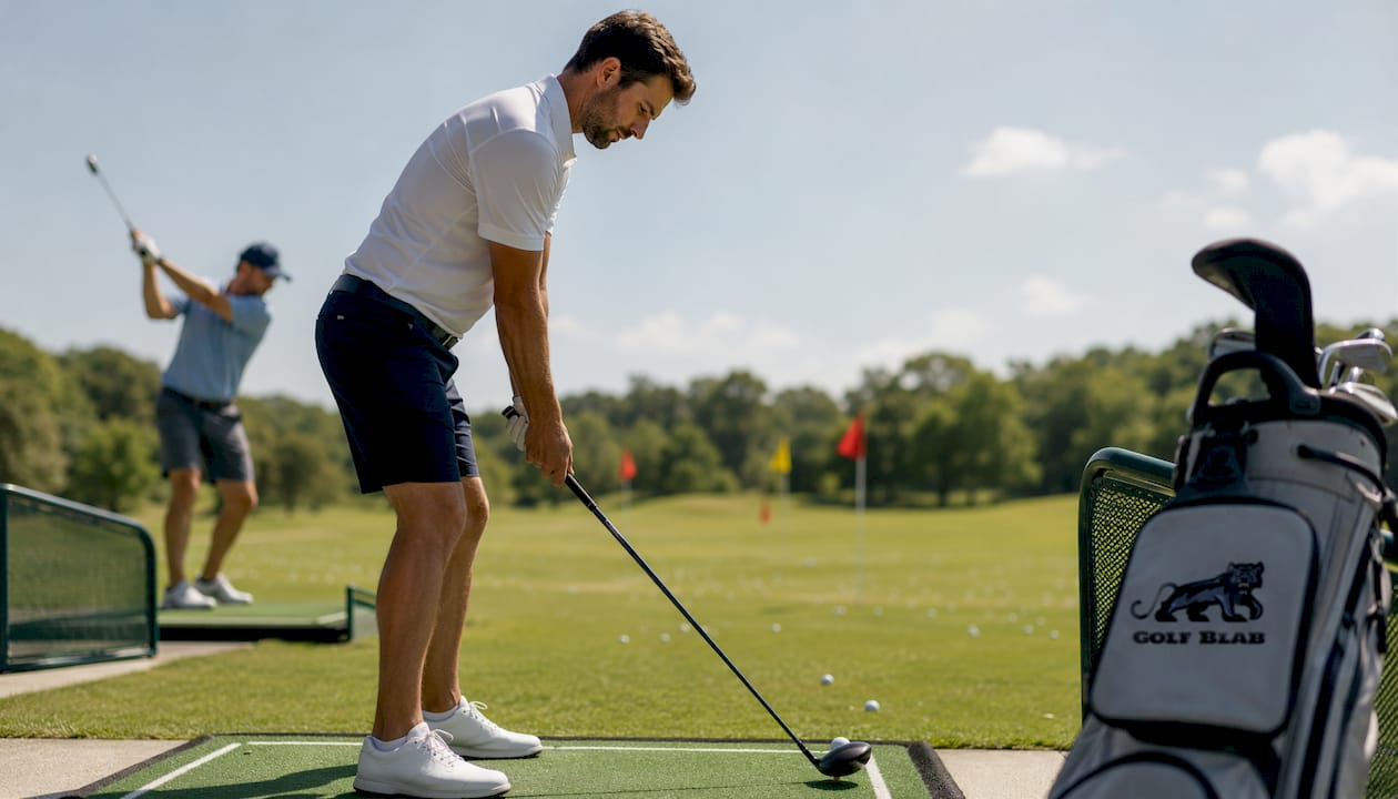 Golfer aligning clubface at driving range