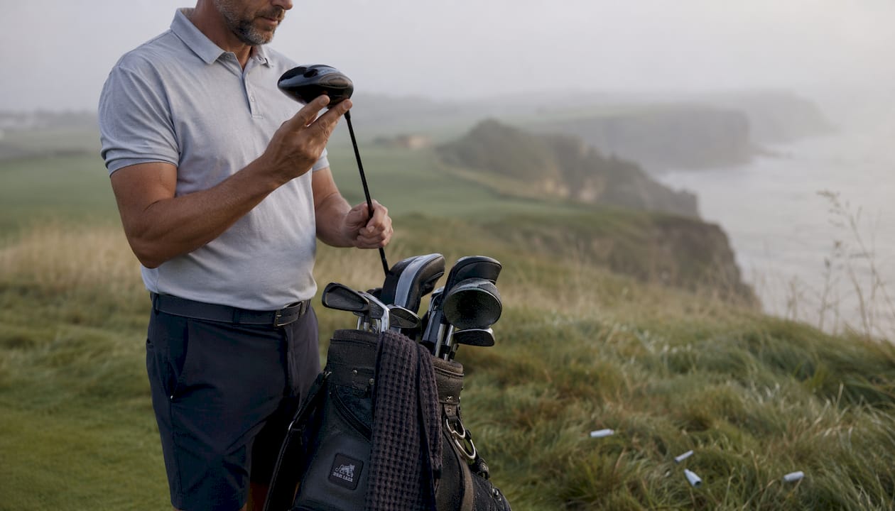 Golfer selecting a wood club on fairway