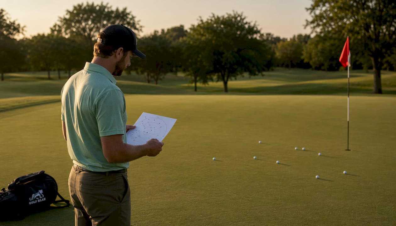 Golfer analyzing shot dispersion on golf course