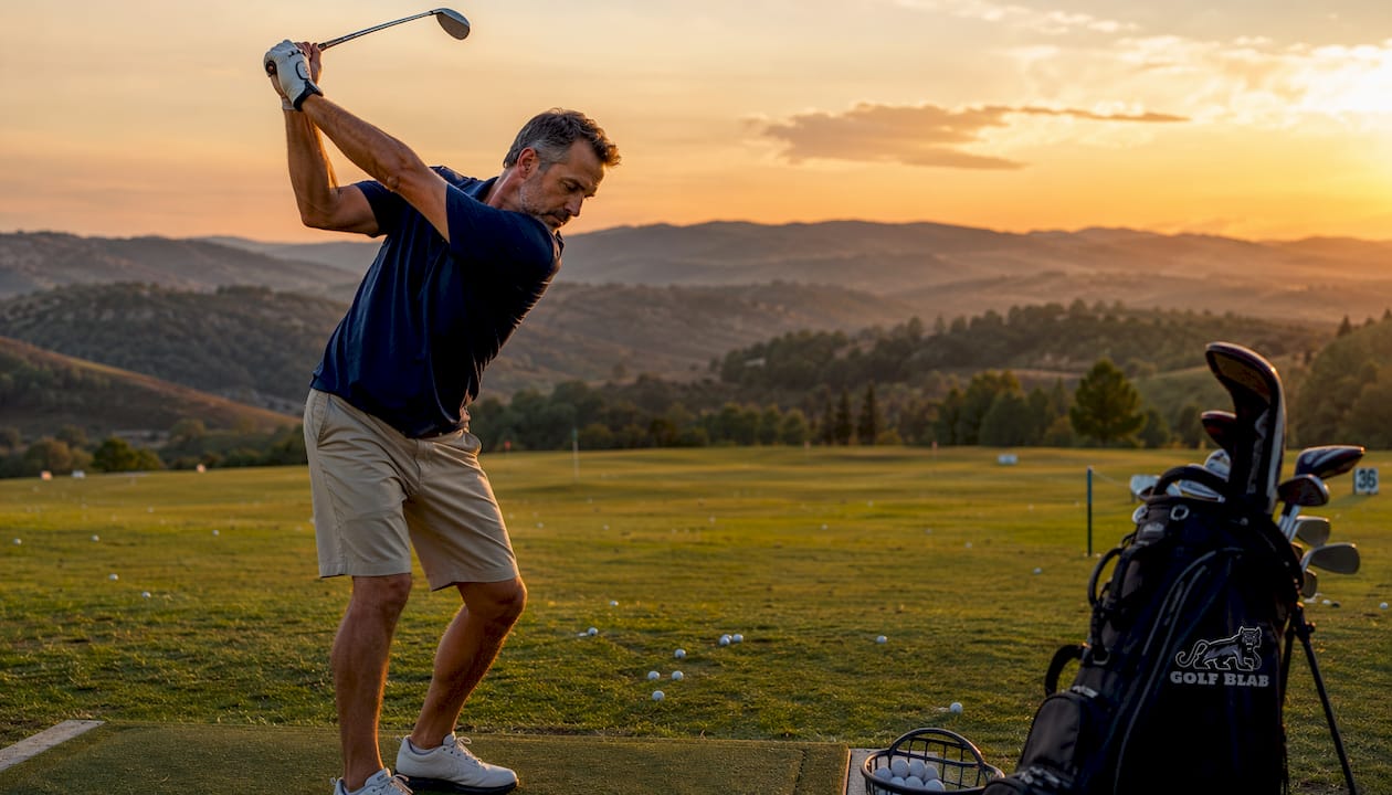 Golfer practicing swing path at driving range