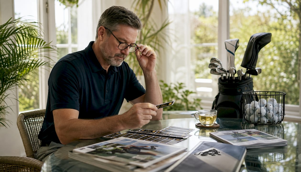 Man reviewing personalized golf club labels at desk