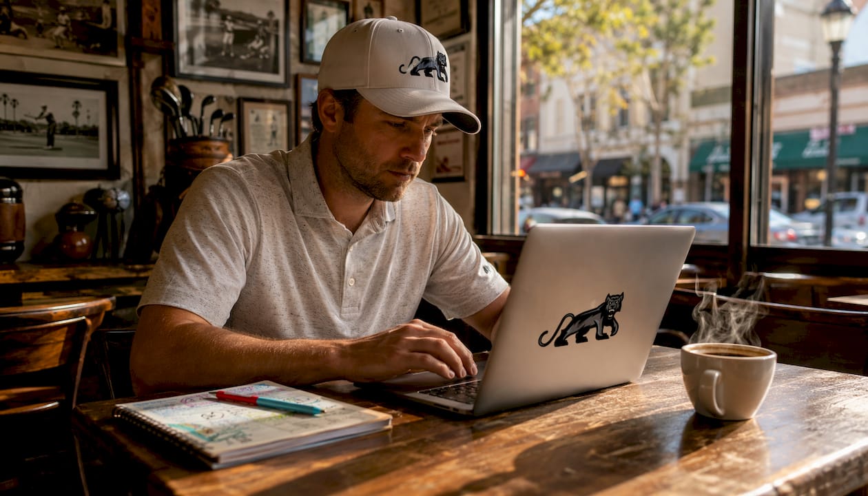 Golfer browsing golf alternative websites at home desk