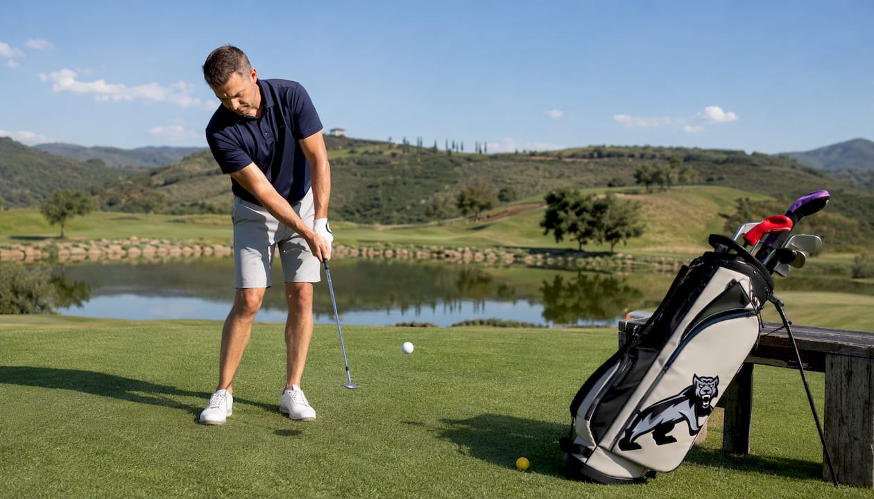 Golfer practicing short game chip shot on golf course