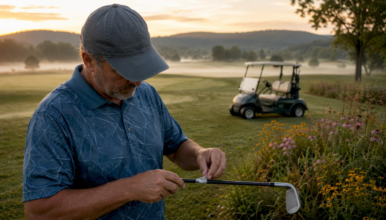 Golfer applying a custom label to club on golf course