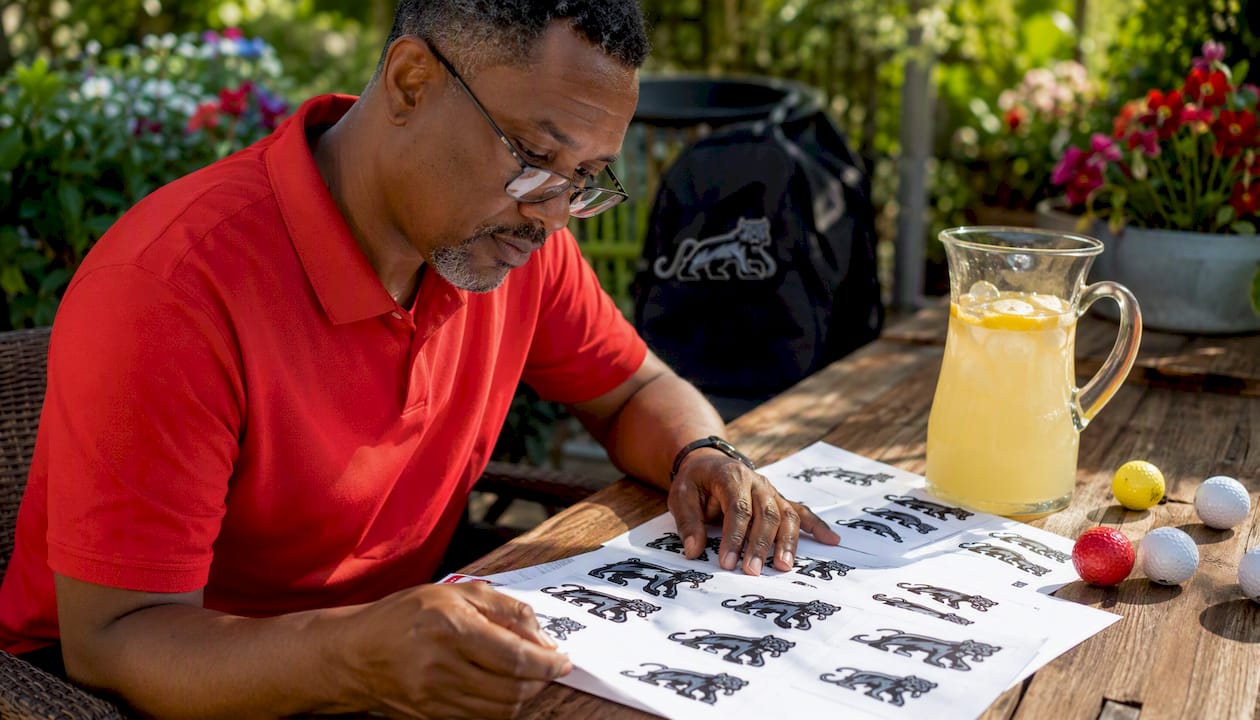 Golfer reviewing custom golf labels at home desk