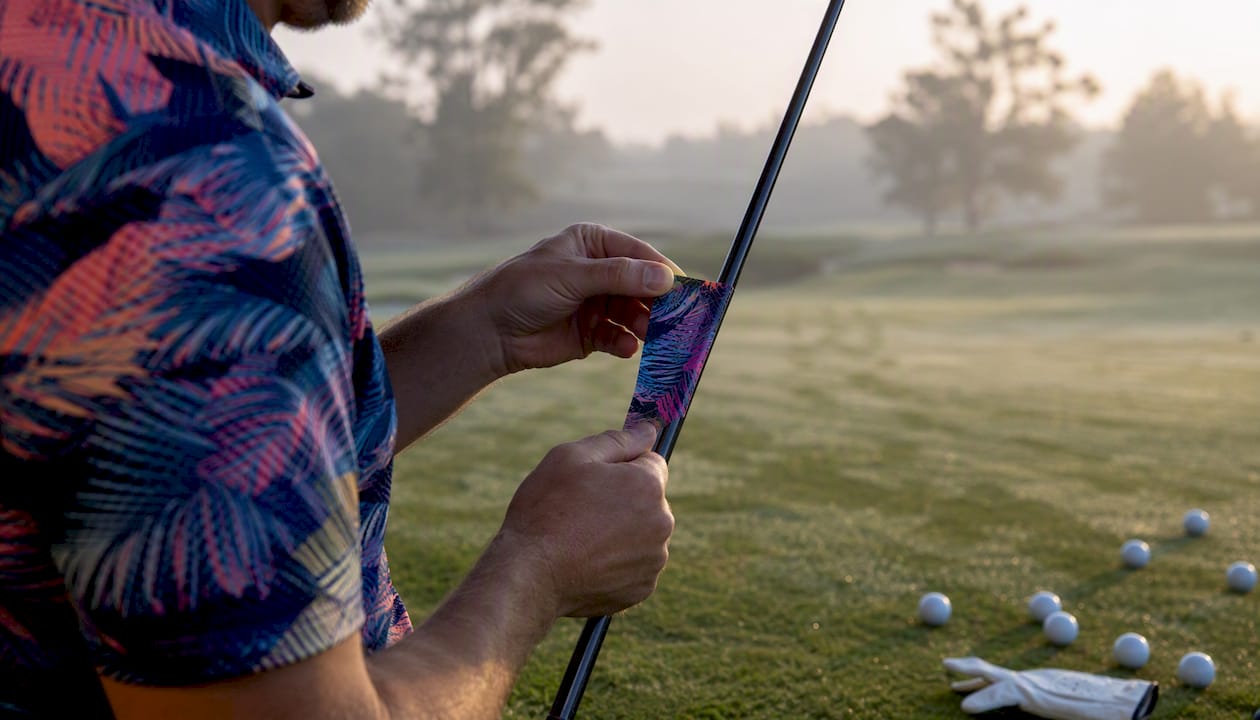 Golfer applying custom golf club label