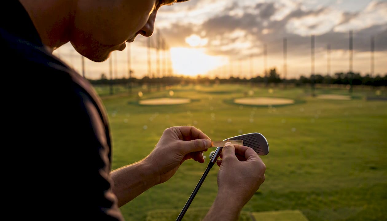 Hands applying custom golf club label