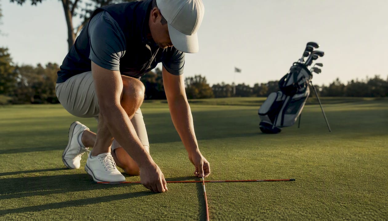 Golfer placing alignment sticks on grass