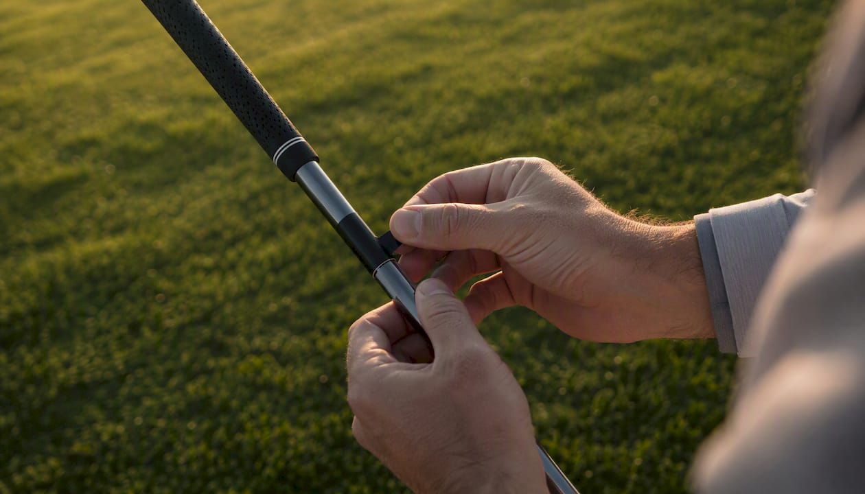 Hands applying vinyl label on golf club shaft