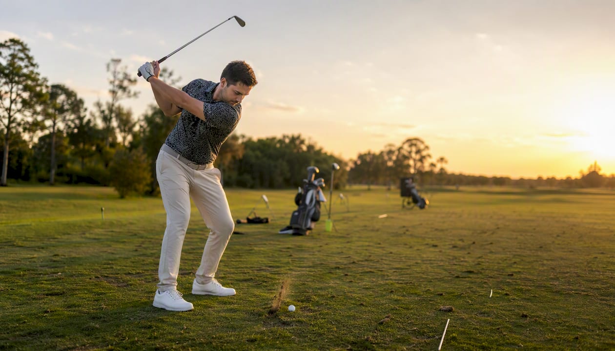 Golfer practicing swing at outdoor clinic