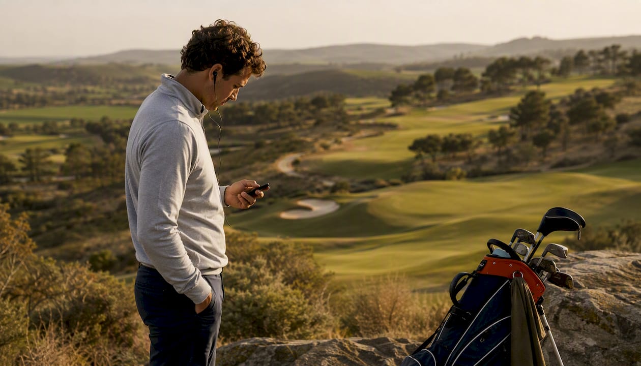 Golfer listening to podcast on golf course