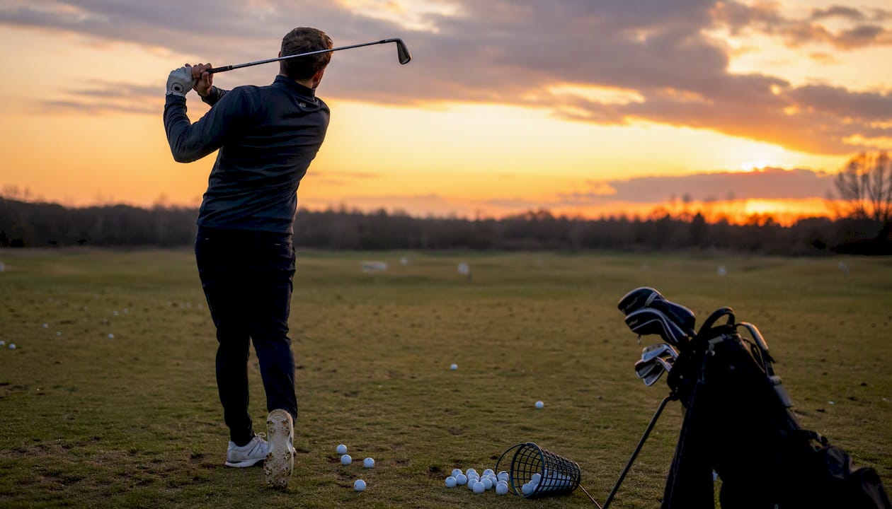 Golfer practicing golf swing on driving range