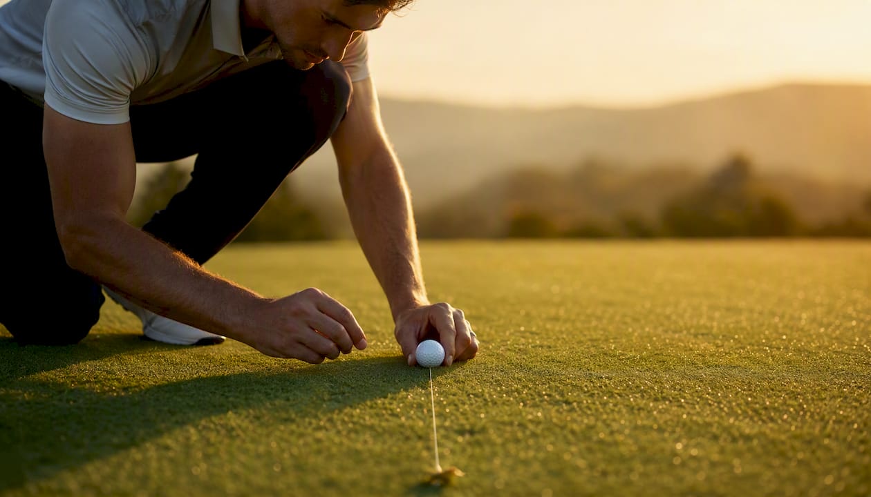 Golf ball being aligned on green