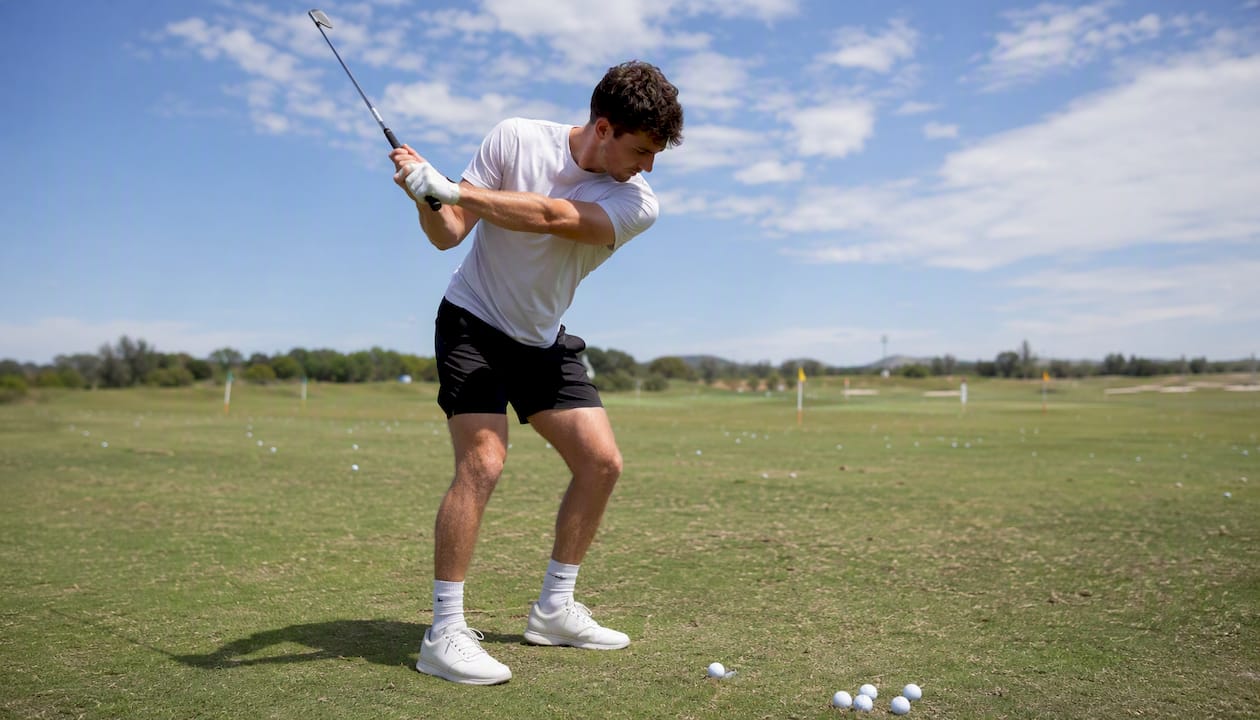 Golfer performing 10:30 wedge swing on range