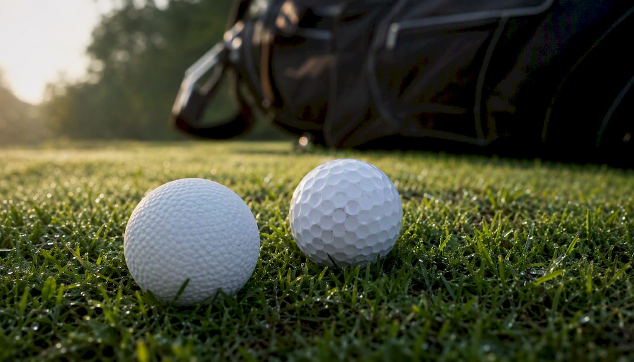 Close-up of urethane and ionomer golf balls on grass