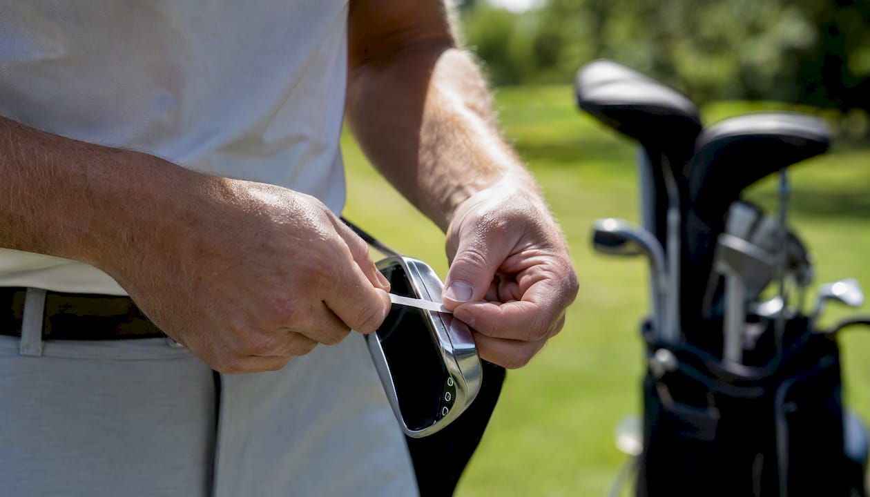 Hands applying personalized golf club label outdoors