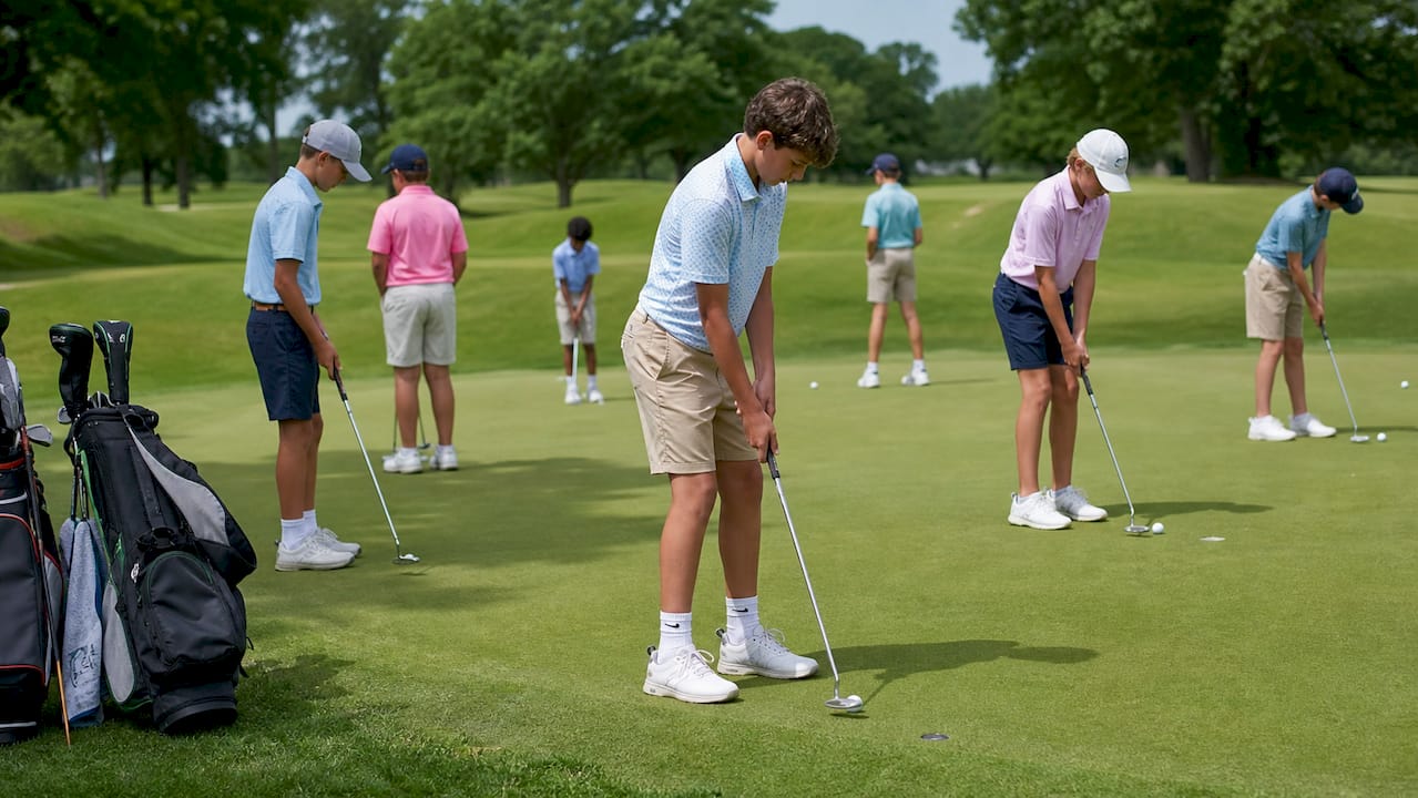 Golfers playing golf tournament on fairway