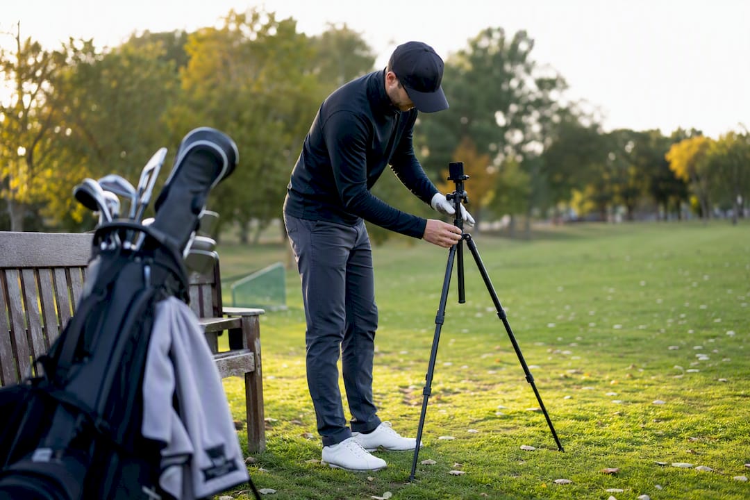 Golfer setting up smartphone tripod outdoors