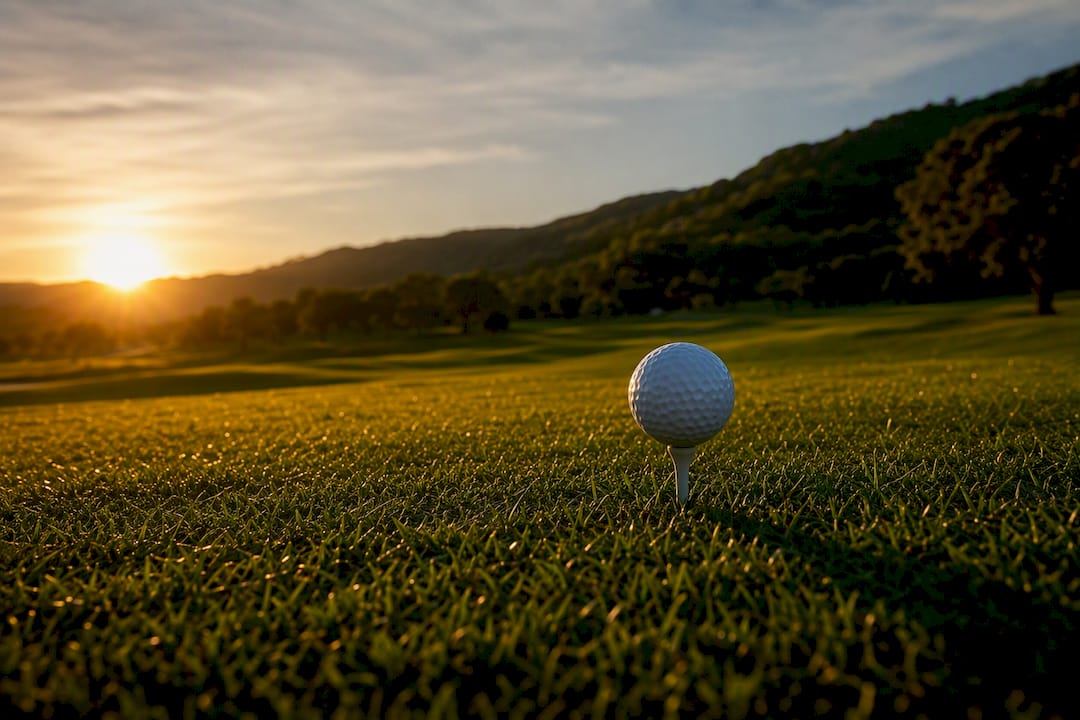 Golf ball close-up showing dimple pattern on tee