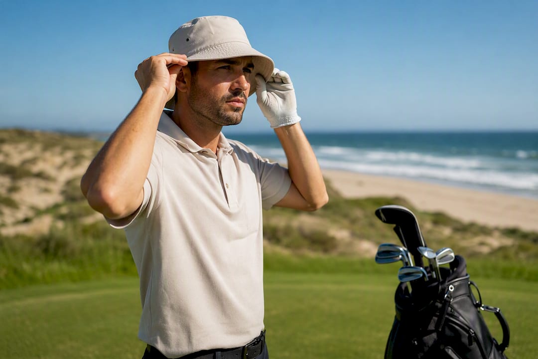 Golfer adjusting golf hat on sunny tee box