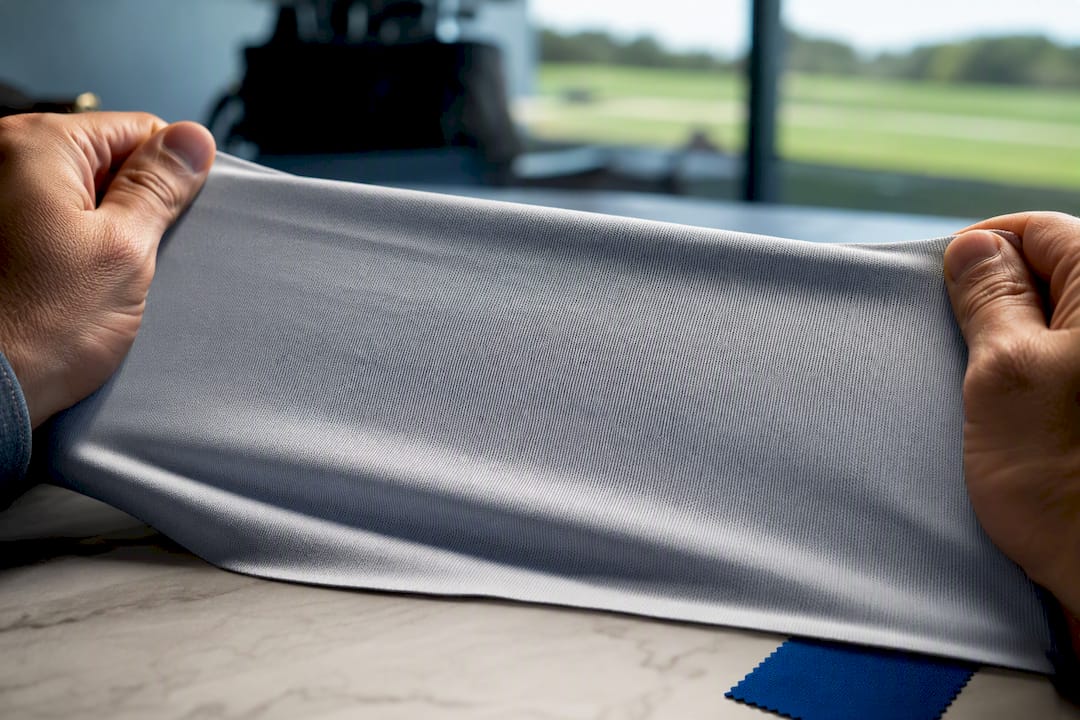 Hands stretching textured golf shirt fabric