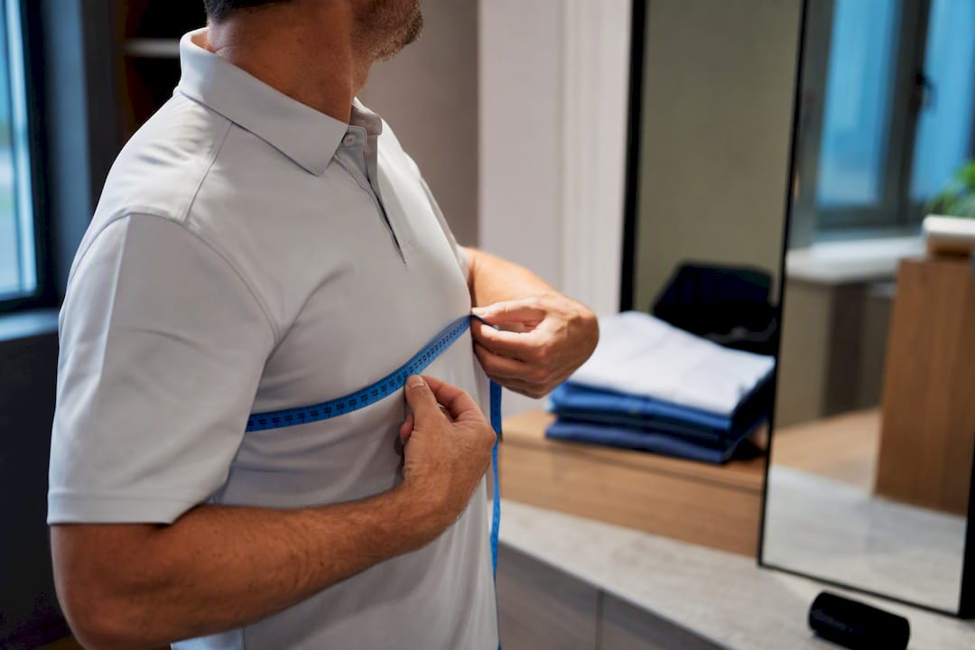 Golfer measuring chest for apparel sizing