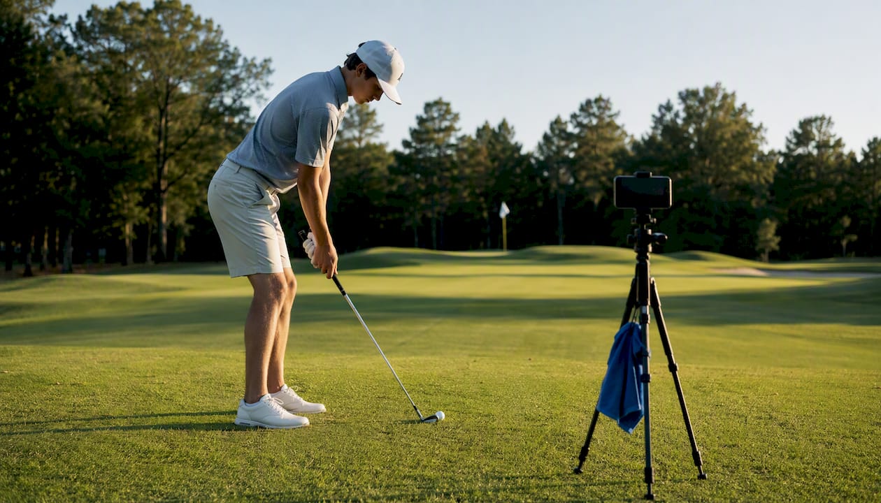 Junior golfer filming a three-hole round