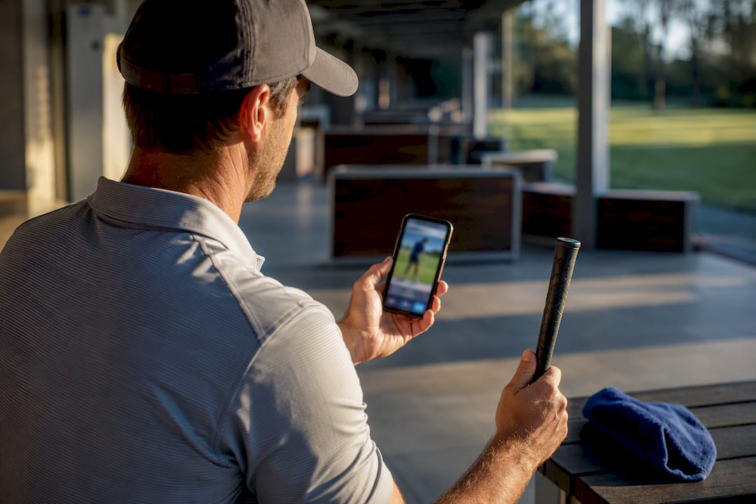 Golfer watching a digital lesson at the range