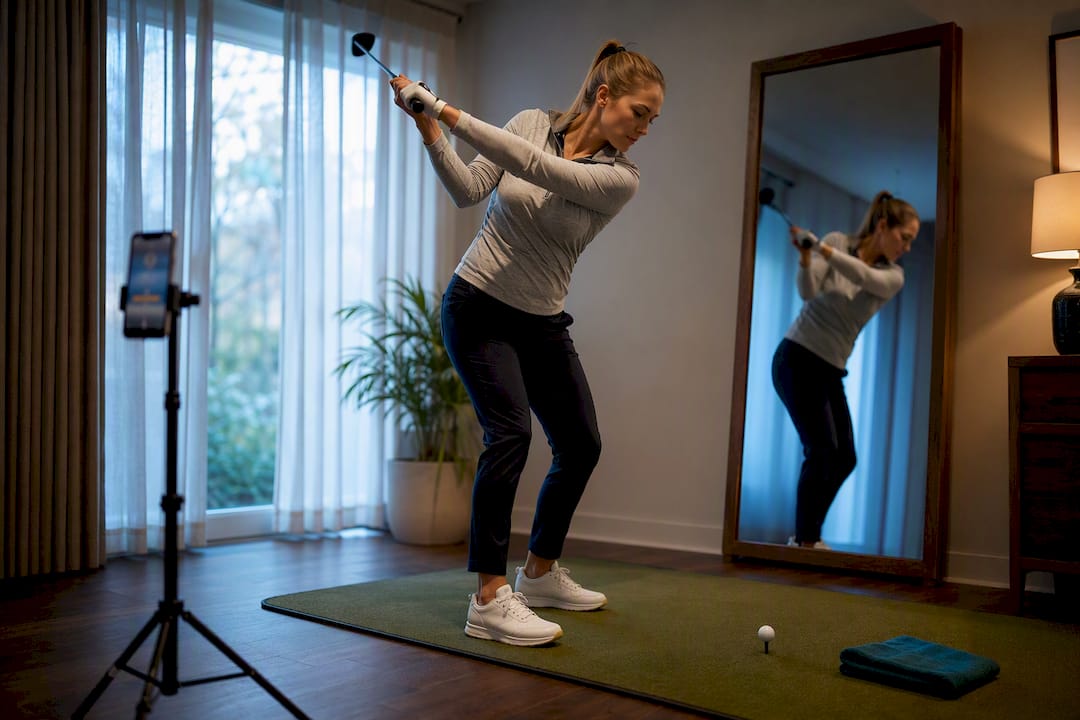 Woman practicing golf swing with video recording