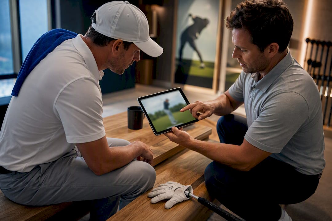 Golfer reviewing swing video with online coach