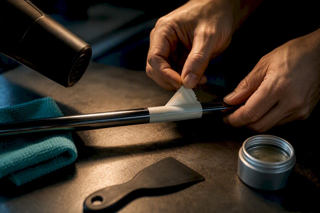 Hands safely removing label from golf shaft