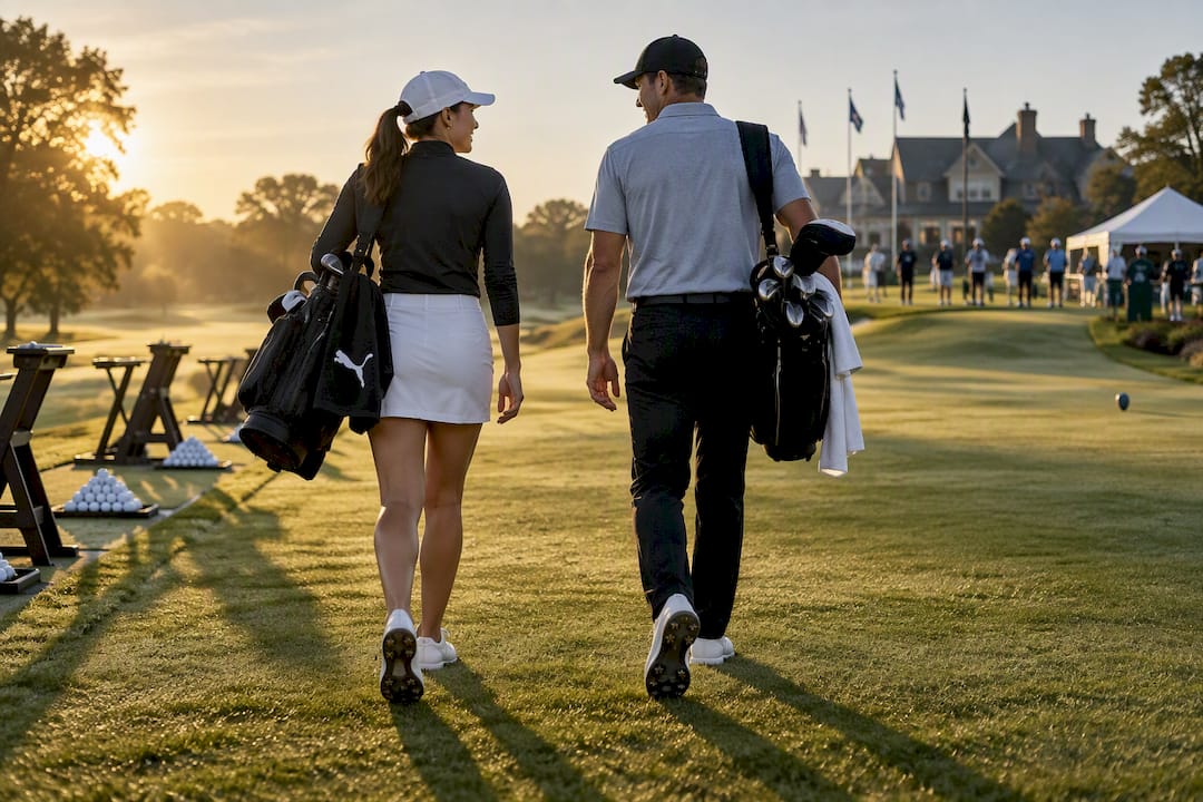 Golf partners walking toward tournament first tee