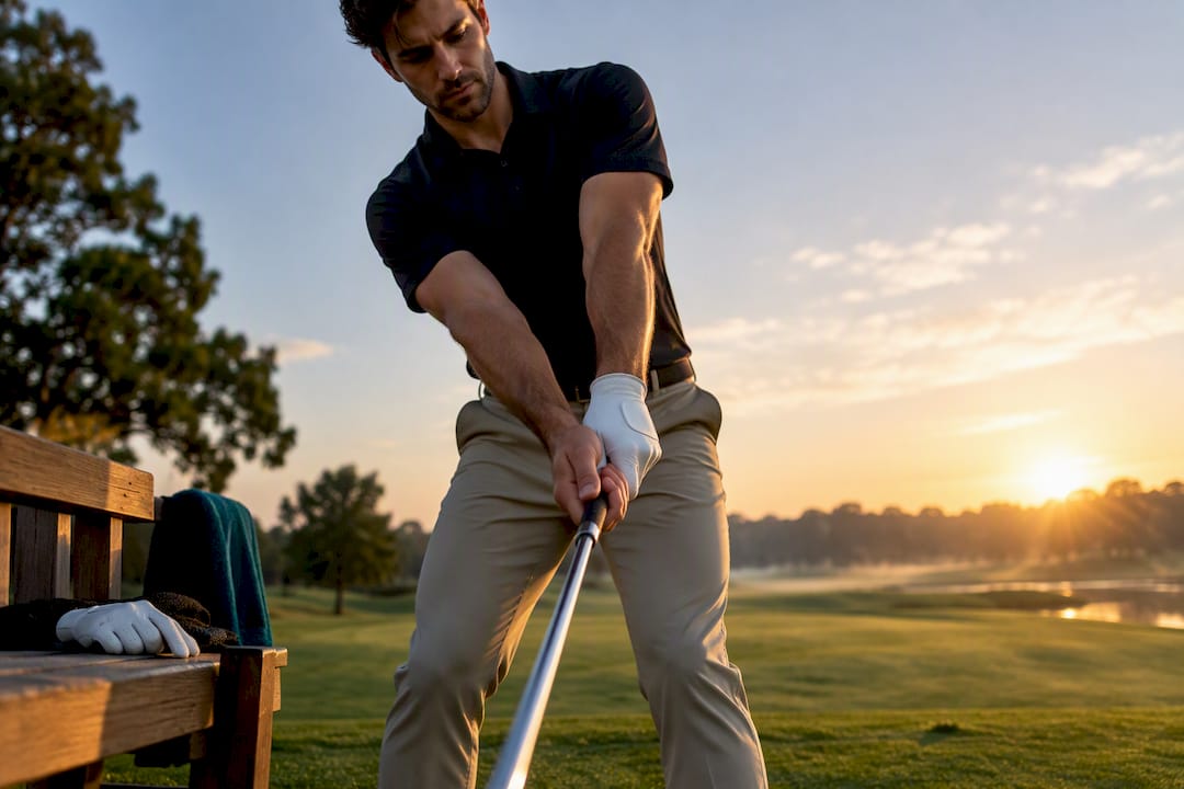 Golfer practicing swing with rotating gloves