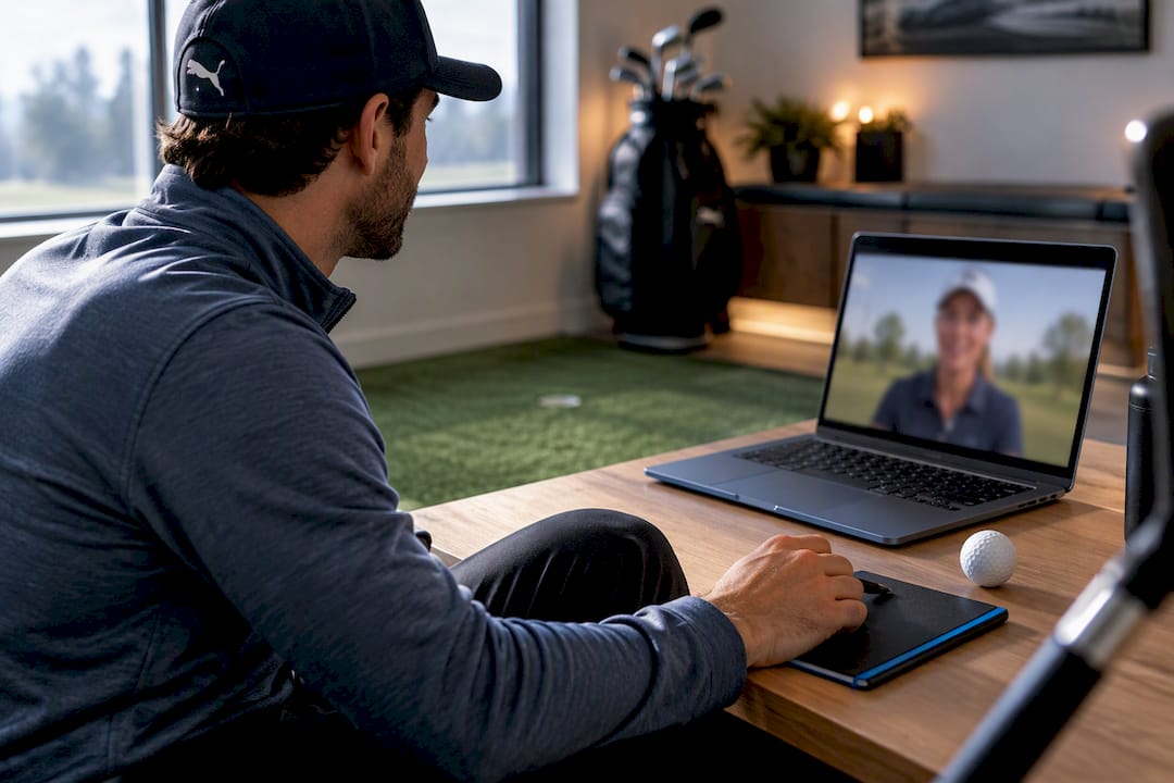 Golfer connecting with professional through online lesson