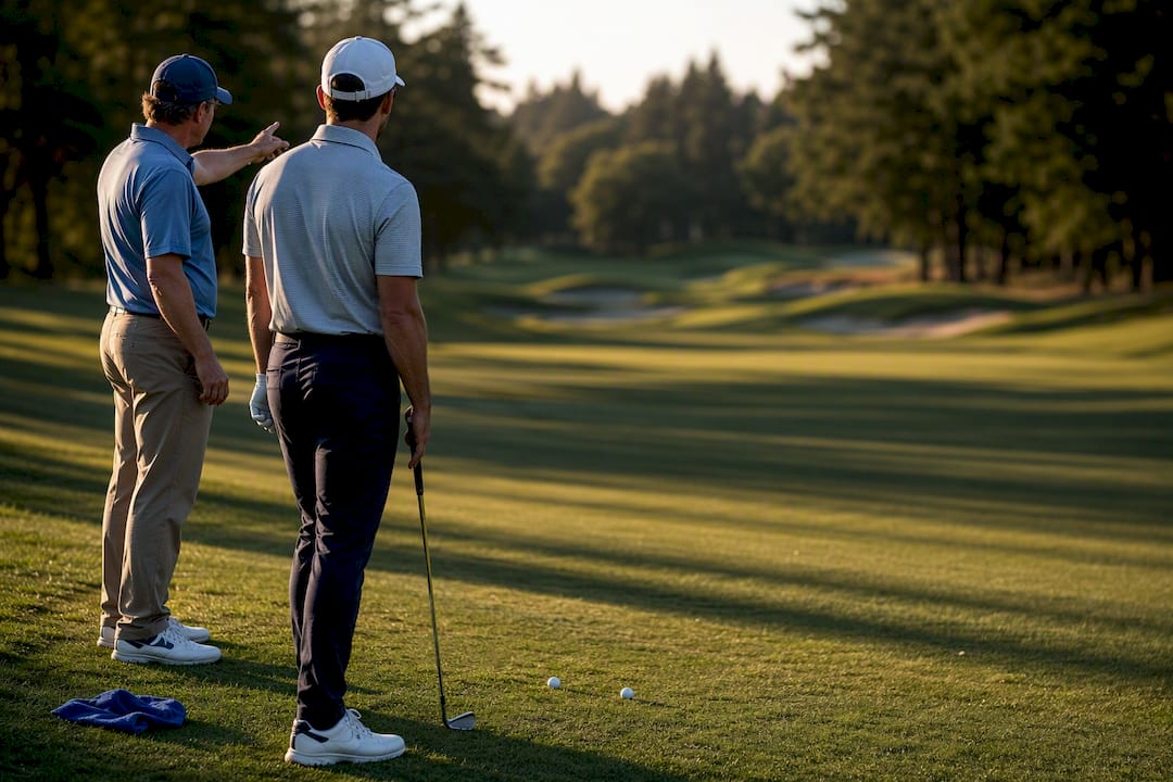 Coach and golfer reviewing an on-course shot